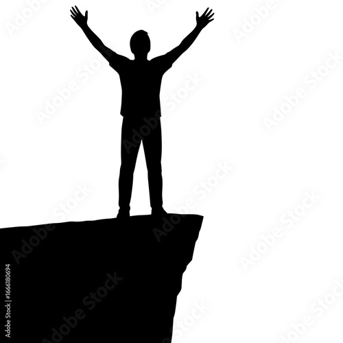 Man celebrating with arms raised on cliff edge in silhouette  