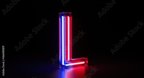 Red and blue neon letter L in a glass cube on black background.