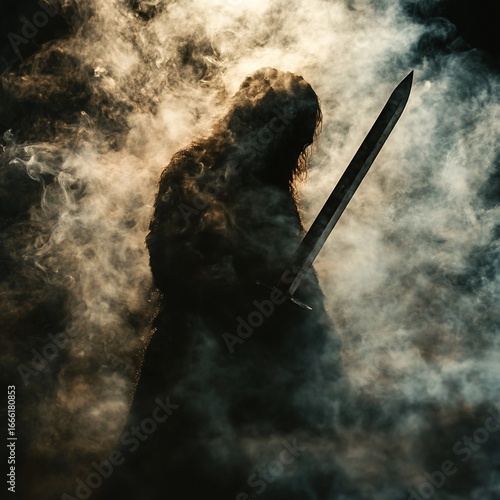 Hooded warrior with smoky battle scene.