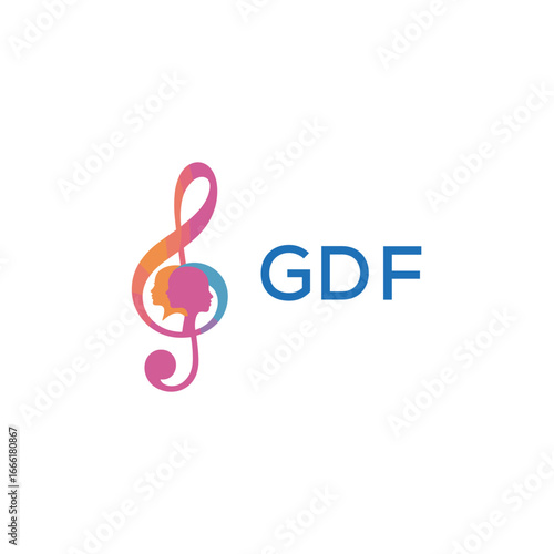 GDF “Creative music academy logo with silhouette heads and notes” GDF  Later Logo, “Modern music therapy logo with faces and note symbol”
