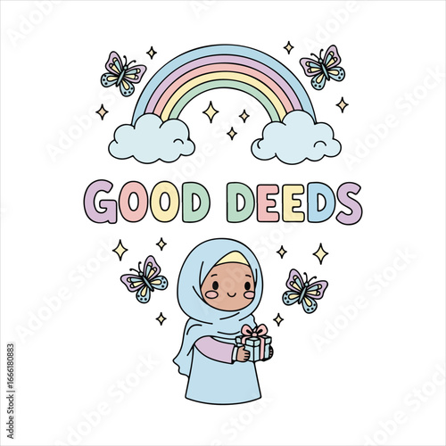 Cute cartoon girl in hijab holding gift with rainbow and butterflies muslim islam