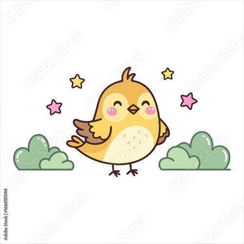 Cute cartoon yellow bird with pink cheeks and fluffy green clouds and stars illustration