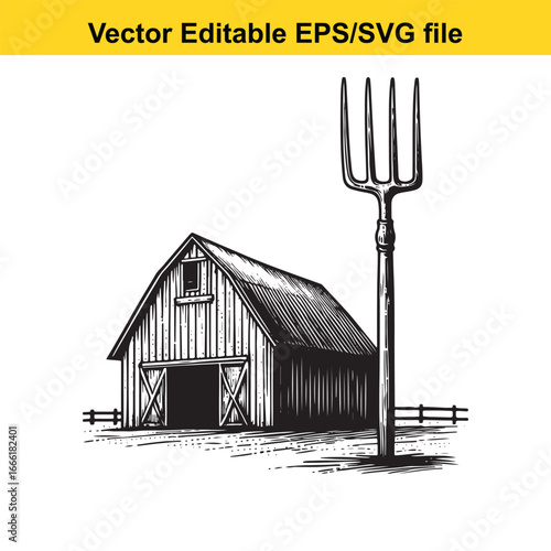 Vintage barn with a pitchfork in a rural countryside setting, isolated on white background