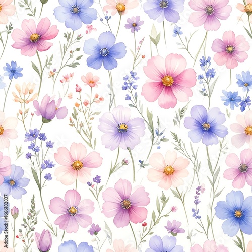 Delicate floral pattern featuring pastel cosmos flowers and wildflowers on a white background.