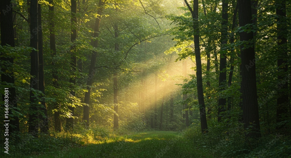 Fototapeta premium Forest landscape with trees and sunlight