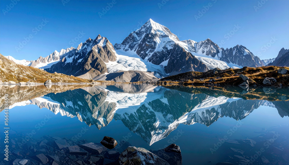 custom made wallpaper toronto digitalA Majestic Snowy Mountain Range with a Clear Reflection in a Serene Alpine Lake