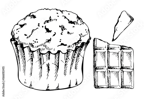 Vector ink homemade muffin cupcake in waxed ruffled paper wrap with broken chocolate bar chunks, cocoa chips. Hand drawn isolated illustration for culinary recipe layouts, event decor, bakery tags.