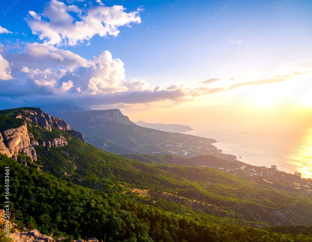 Obraz premium Mountainous landscape at sunset over the sea