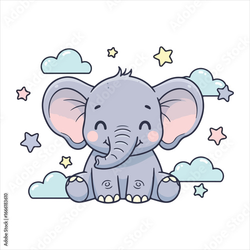 Cute cartoon baby elephant sitting among pastel clouds and stars illustration