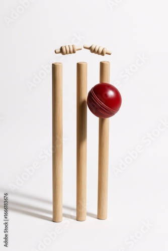Cricket ball hitting wickets with bails flying. Dynamic sports moment.