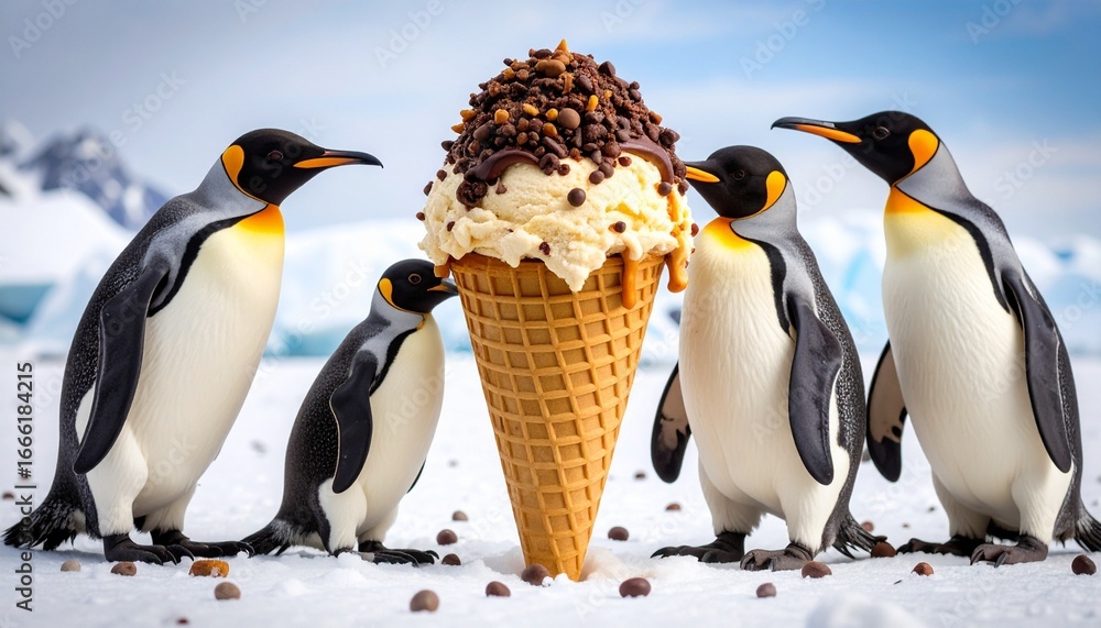Fototapeta premium Three emperor penguins curiously inspect a giant caramel-drizzled ice cream cone on snowy terrain, with icy mountains behind—blending surreal whimsy with arctic wildlife in a playful scene.