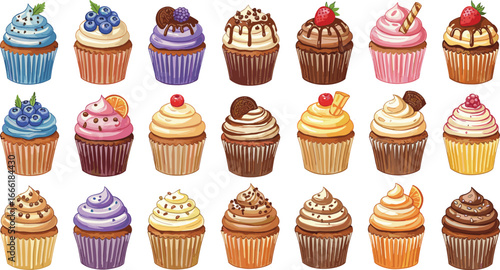 Watercolor cupcake set, assorted cupcakes, colorful desserts, sweet treats, hand-painted bakery art, cute pastry clipart, gourmet muffin illustration