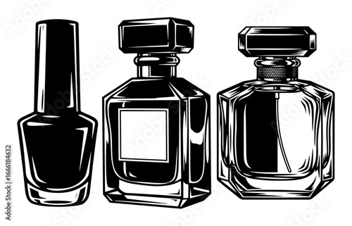 Perfume bottles black and white vector illustration