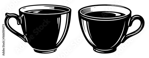 Tea or coffee cups black and white vector sketch