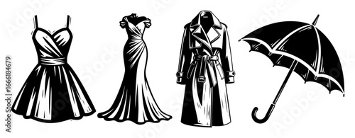 Dresses coat and umbrella vector fashion sketch