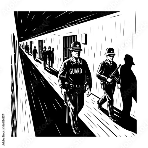 Prison corridor with guards vector illustration