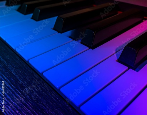 Close-up piano keys bathed in vibrant blue and purple hues, showcasing the detailed texture of the ivory and ebony keys.