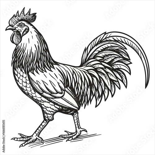 Rooster Vector Illustration. Rooster Line Art. Vintage Rooster Sketch. Traditional Rooster Artwork. Handmade Rooster Drawing. Rooster Clipart Black and White.. Detailed Rooster Illustration. Rooster.