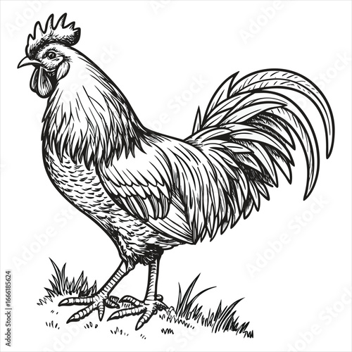 Rooster Vector Illustration. Rooster Line Art. Vintage Rooster Sketch. Traditional Rooster Artwork. Handmade Rooster Drawing. Rooster Clipart Black and White.. Detailed Rooster Illustration. Rooster.