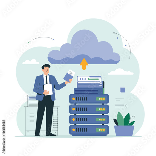 Man uploading data to cloud server with multiple layers and upward arrow indicating transfer process