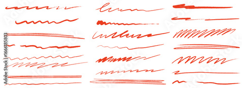 Red pencil straight horizontal lines. Hand drawn underline, smears, strikethroughs, chalk strokes, crayon scribble for text highlight and grunge. Crayon scribble strokes. Vector underline elements.