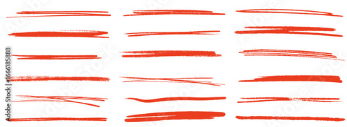 Charcoal pencil straight horizontal lines. Charcoal red texture underline, smears, strikethroughs, chalk strokes. Vector grunge crayon scribble for text highlight, chalk strokes, pencil dividers.