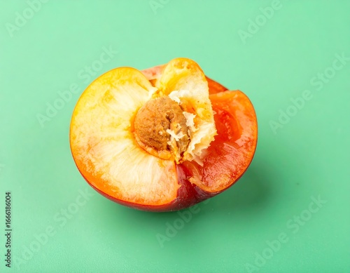 Close-up of a vibrant, juicy peach half, displaying its sweet, orange flesh and a visible pit against a bright lime green background.