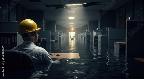 Office worker in flooded workspace under raining ceiling