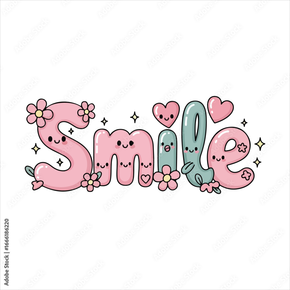 Fototapeta premium Cute smiling letters spelling smile with flowers and hearts lettering typography