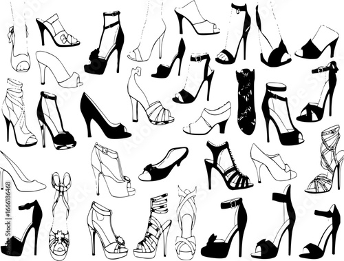 Set of women's shoes. Сollection of different silhouettes of girlish cocktail shoes, everyday. Vector illustration on a white background.
