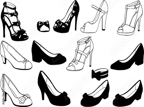Set of women's shoes. Сollection of different silhouettes of girlish cocktail shoes, everyday. Vector illustration on a white background.
