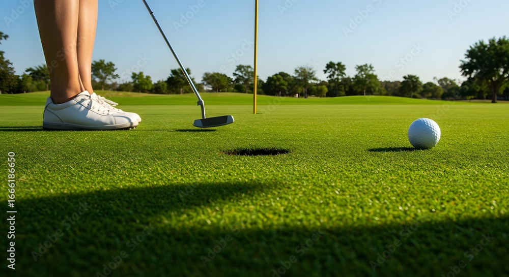Obraz premium Close-up of Golfer Preparing to Putt on Lush Green Golf Course Under Bright Blue Sky