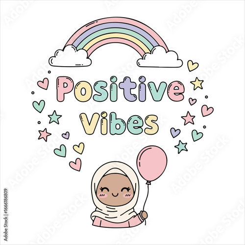 Cute cartoon girl in hijab holding a pink balloon with pastel rainbow and stars vector