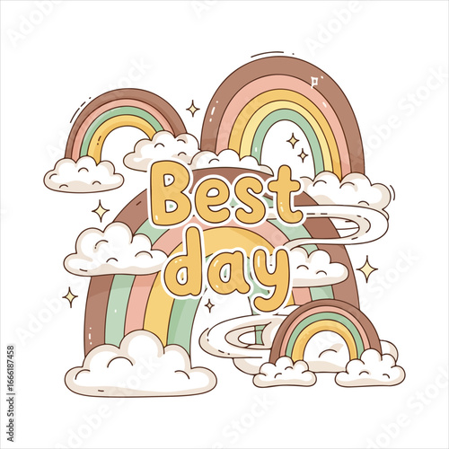 Yellow text best day surrounded by pastel rainbows and clouds weather