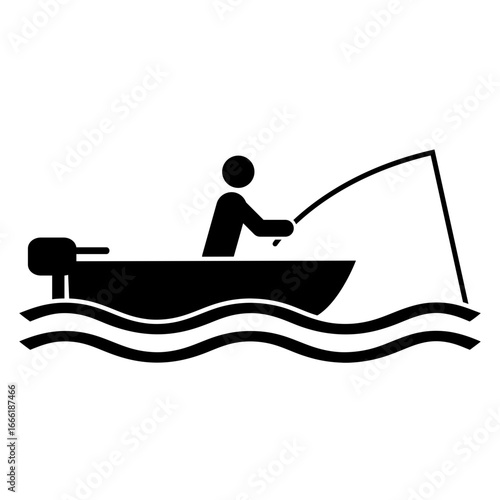 Icono silueta de pescador en barca con olas