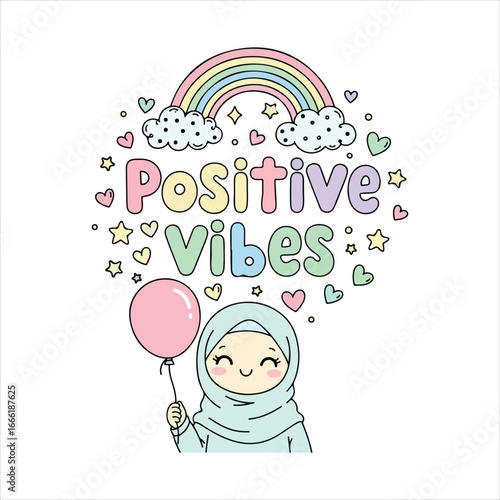 Cute cartoon girl in hijab holding pink balloon with rainbow and positive vibes text hijab girl muslim girl