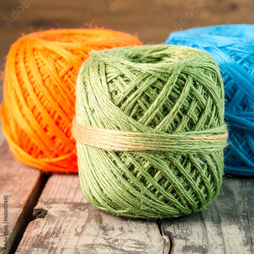 Close-up view of three colorful balls of yarn resting on a weathered wooden surface, showcasing shades of orange, green, and blue.