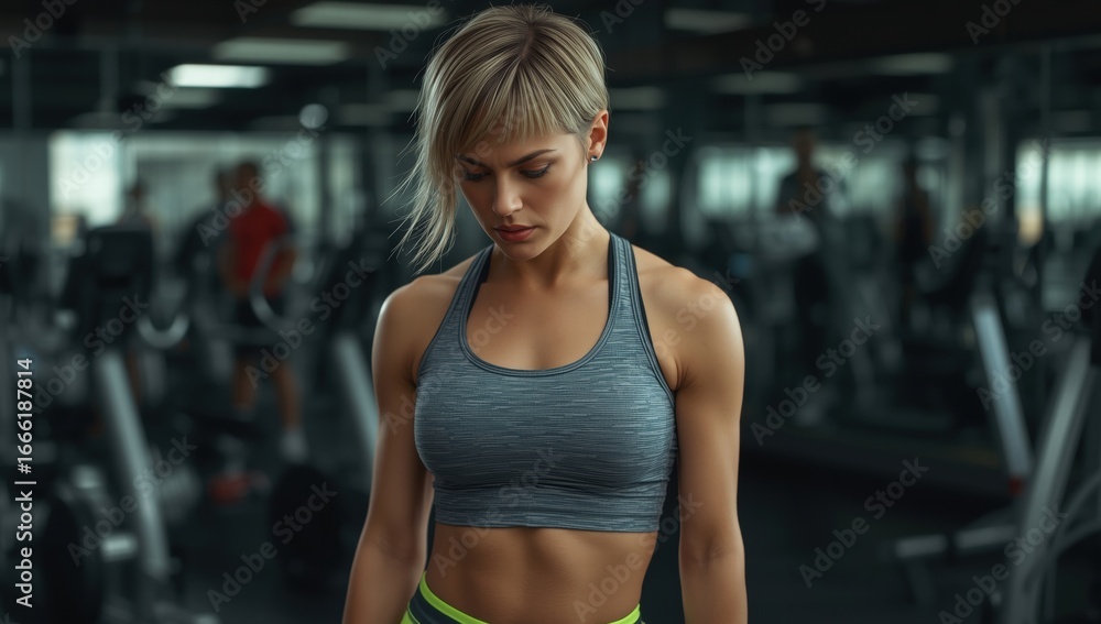 Fototapeta premium Woman in gym attire suitable for fitness promotions. Active lifestyle, wellness, workout, sportswear, exercise, health, gym, leisure, athletics.