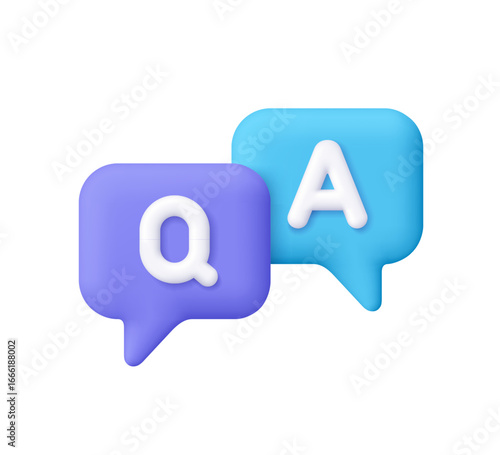 Purple and blue speech bubbles with letters Q and A, question and answer. Communication, support, FAQ, help desks concept. 3d vector icon. Cartoon minimal style.