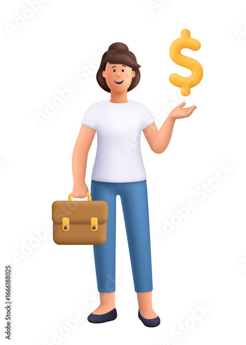 Young smiling woman Jane holding brown briefcase and golden dollar symbol. Finance, business, investment and success concept. 3d vector people character. Cartoon minimal style.