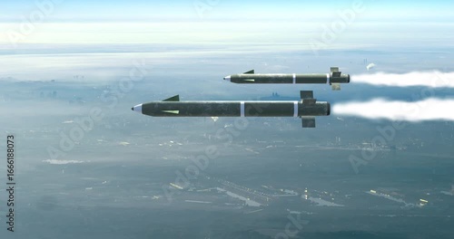 Strategic ballistic missiles flying over industrial region. War And Weapons Related 3D Animation.