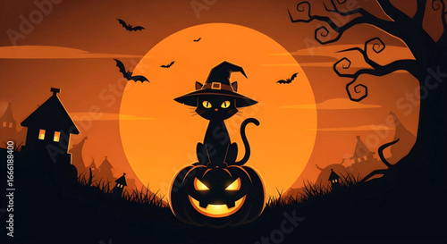 Halloween night scene A black cat witch on a glowing pumpkin, silhouetted by a full moon, spooky trees, and flying bats