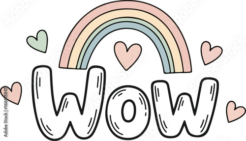 Hand drawn pastel rainbow and hearts with the word wow cute
