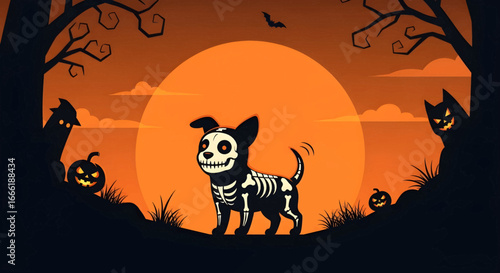 Skeleton puppy wagging its tail under a vibrant orange moon, surrounded by spooky trees, grinning pumpkins, and flying bats, capturing the fun spirit of Halloween