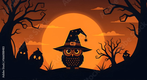 Pixel art illustration of a wise owl in a witch hat, silhouetted by a radiant orange full moon on a spooky Halloween night. Magical autumn scene