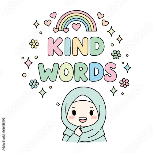Cute Muslim girl with rainbow and kind words text hijab kawaii