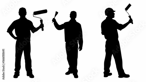Silhouetted painters in various poses holding painting tools against a white studio backdrop scene view | editable eps vectors