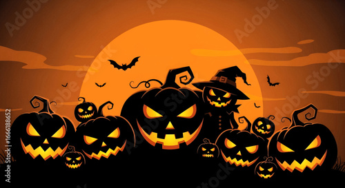 Spooky Halloween night illustration featuring glowing jack-o'-lanterns, bats, and a scarecrow against a vibrant orange moon, capturing autumn's eerie charm