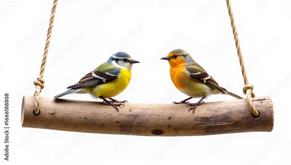 Obraz premium Two small birds rest on weathered wooden hanging structure, pure white background , minimalist, small