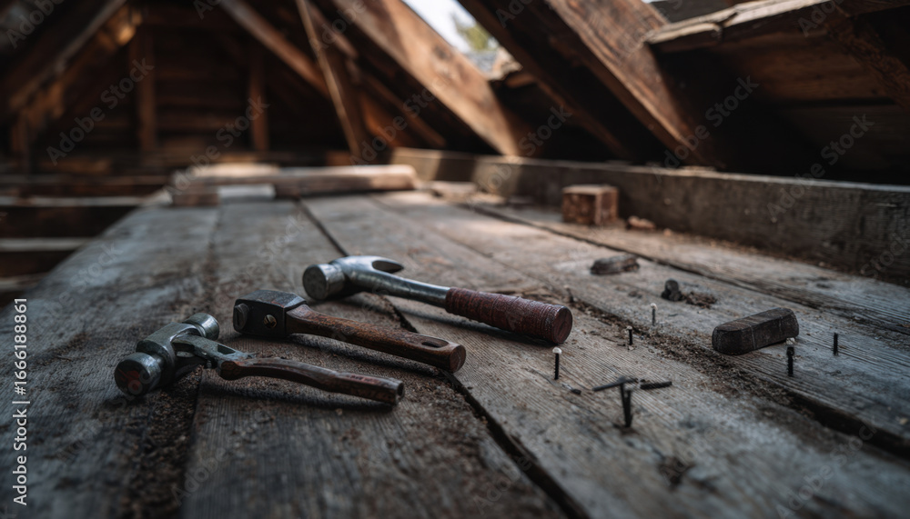Hand tools are arranged on a weathered wooden surface in an attic, reflecting a renovation or DIY project in progress Hand tools are arranged on a weathered wooden surface in an attic, reflecting a renovation or DIY project in progress